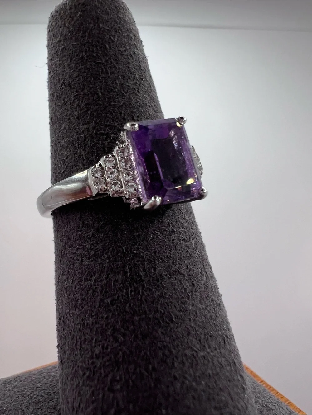 Genuine Amethyst Emerald-Cut Cocktail Ring set in .925 Sterling Silver - Size 7